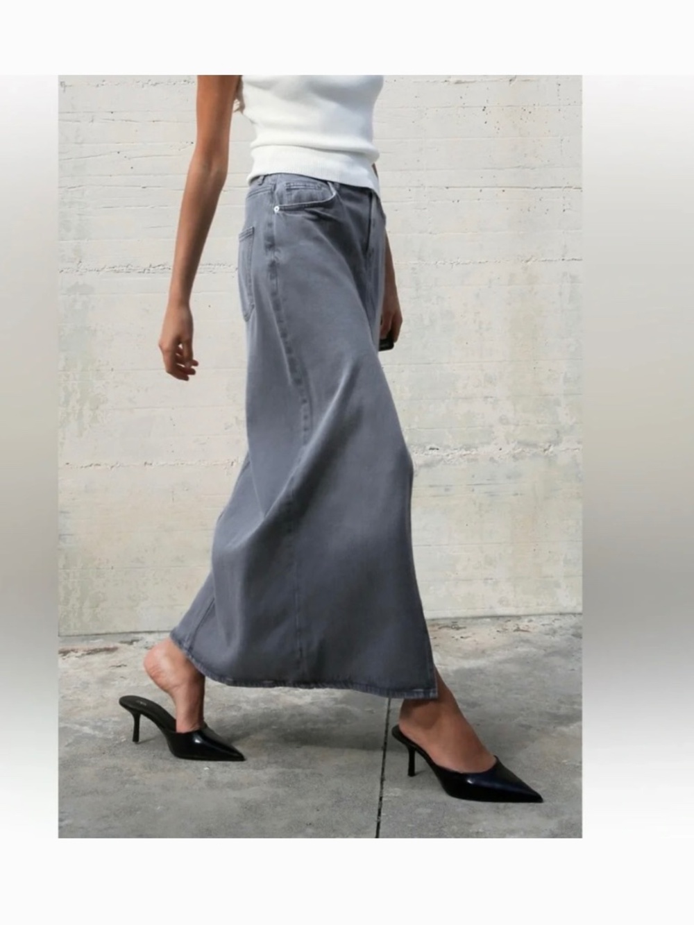 ZARA Z1975 SLIT DENIM MIDI SKIRT GRAY Size L